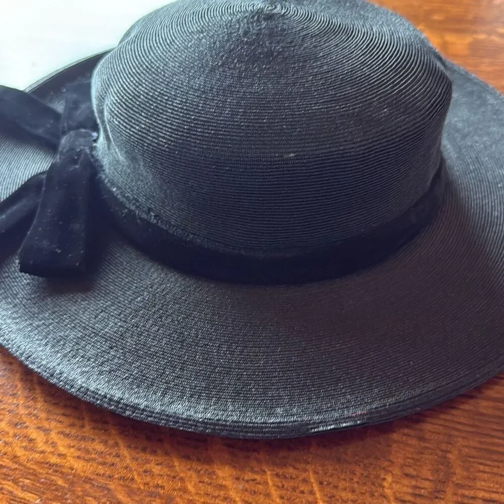 Vintage Black‎ Finely Woven Straw Hat With Black Velvet Bow Women’s Size Small - Picture 7 of 13